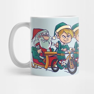 Funny Cartoon Santa with His Elves on Bicycles Mug